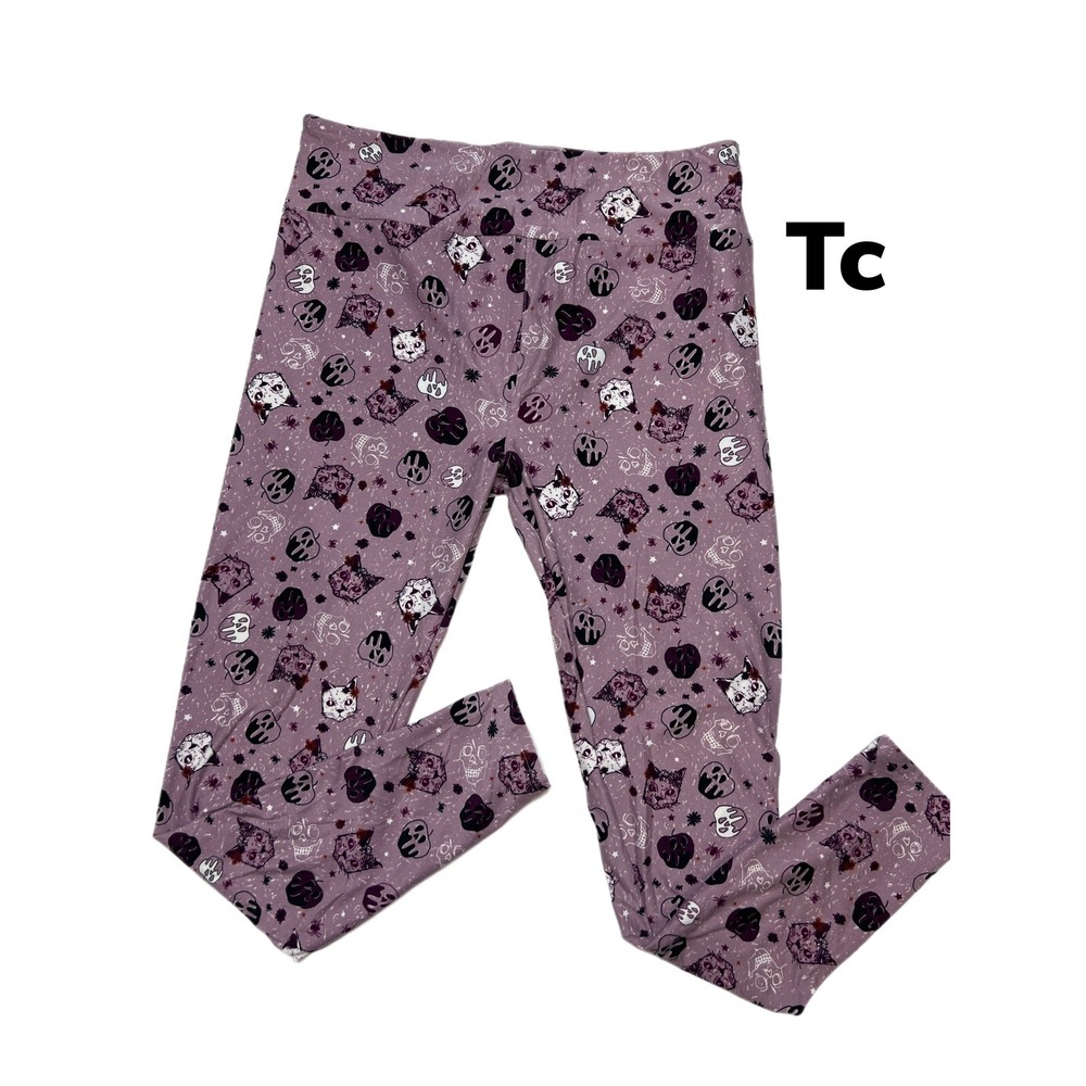 Tc Lularoe Halloween Leggings Purple Cats Bad Apple Skulls Fits 12/18